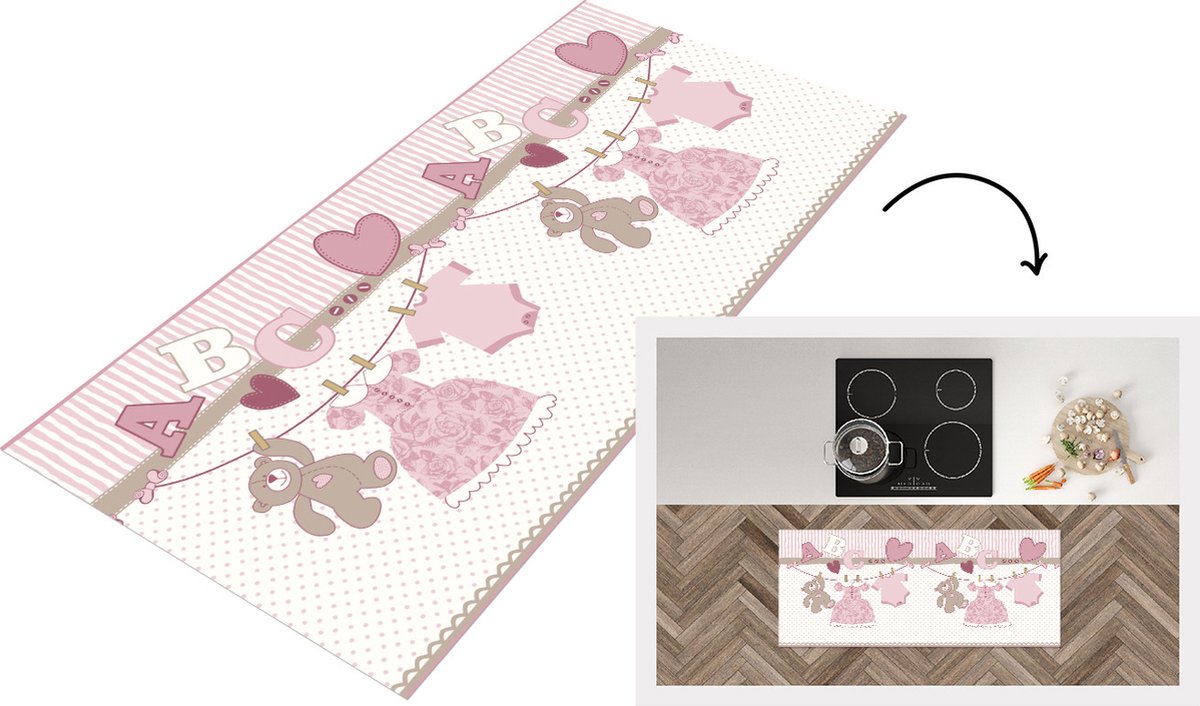 KitchenYeah Keukenloper - Loper keuken - Baby kleren - Meisje - Knuffelbeer - Waslijn - Design - 120x50 cm - Keukenloper vinyl Multicolor