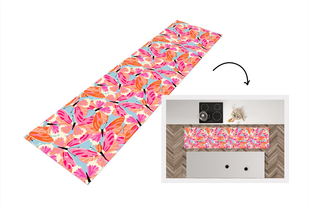 KitchenYeah Keukenloper - Loper keuken - Vlinders - Vliegen - Patronen - 200x50 cm - Keukenloper vinyl Multicolor