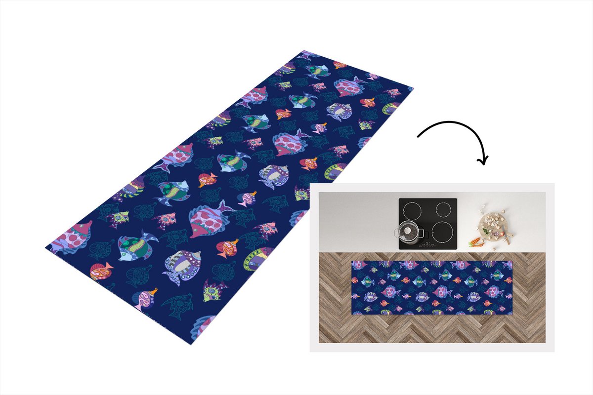 KitchenYeah Keukenloper - Loper keuken - Vissen - Patronen - Aquarium - Regenboog - Kind - 180x60 cm - Keukenloper vinyl Multicolor