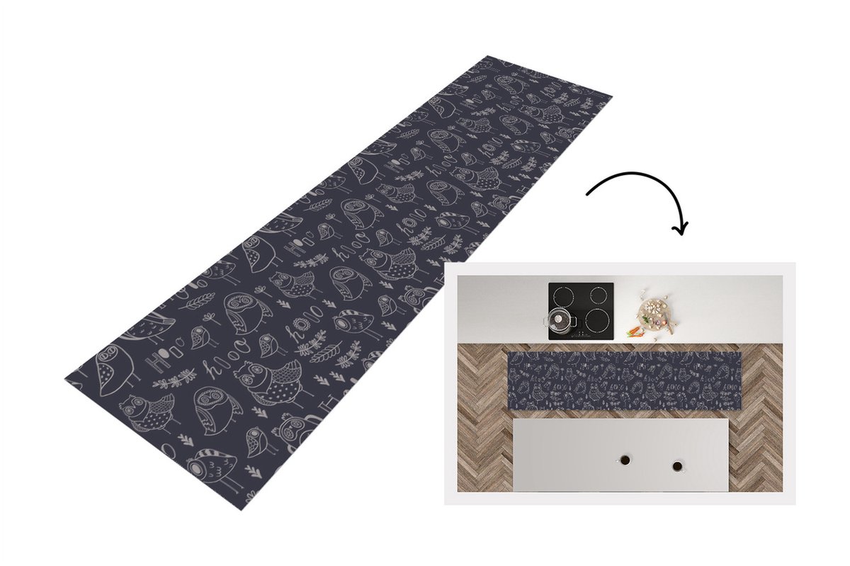 KitchenYeah Keukenloper - Loper keuken - Patronen - Vogel - Uil - 240x60 cm - Keukenloper vinyl Multicolor