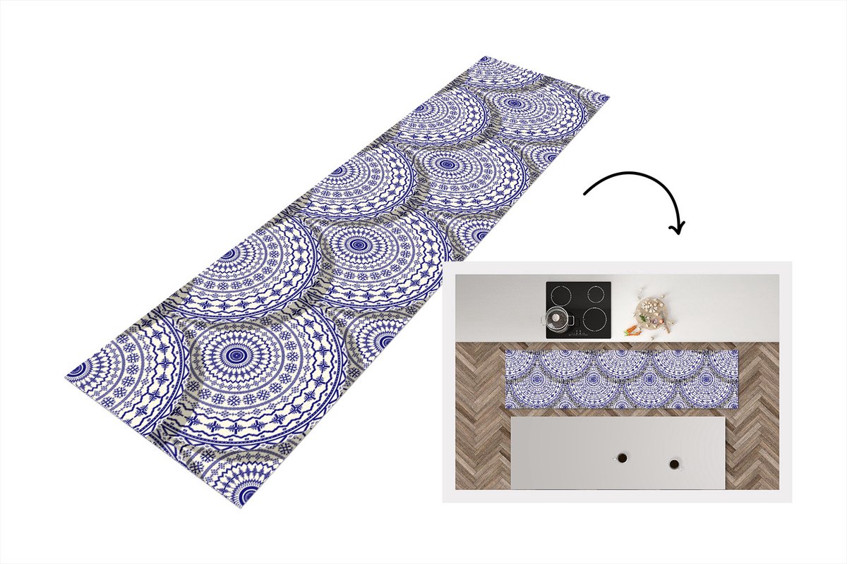 KitchenYeah Keukenloper - Loper keuken - Design - Delfts Blauw - Patronen - 200x50 cm - Keukenloper vinyl Multicolor