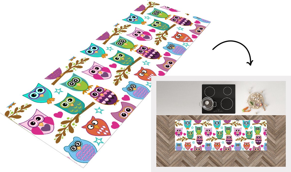KitchenYeah Keukenloper - Loper keuken - Design - Uilen - Dieren - 150x50 cm - Keukenloper vinyl Multicolor