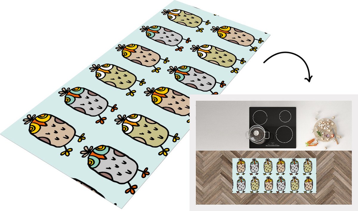 KitchenYeah Keukenloper - Loper keuken - Patronen - Uil - Blauw - 120x50 cm - Keukenloper vinyl Multicolor