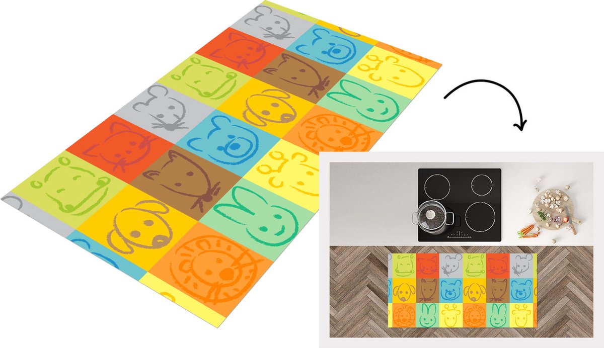 KitchenYeah Keukenloper - Loper keuken - Dieren - Patronen - Kinderen - Regenboog - 120x60 cm - Keukenloper vinyl Multicolor