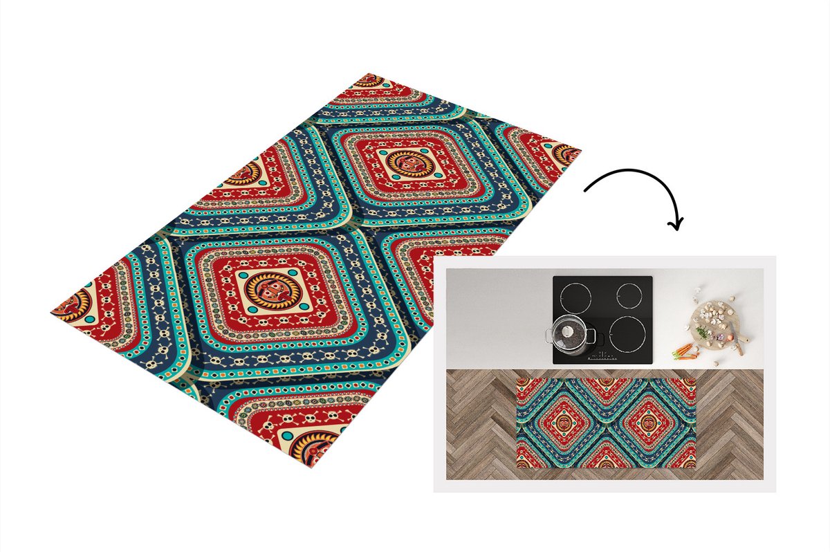 KitchenYeah Keukenloper - Loper keuken - Azteken - Patronen - Schedel - 120x60 cm - Keukenloper vinyl Multicolor