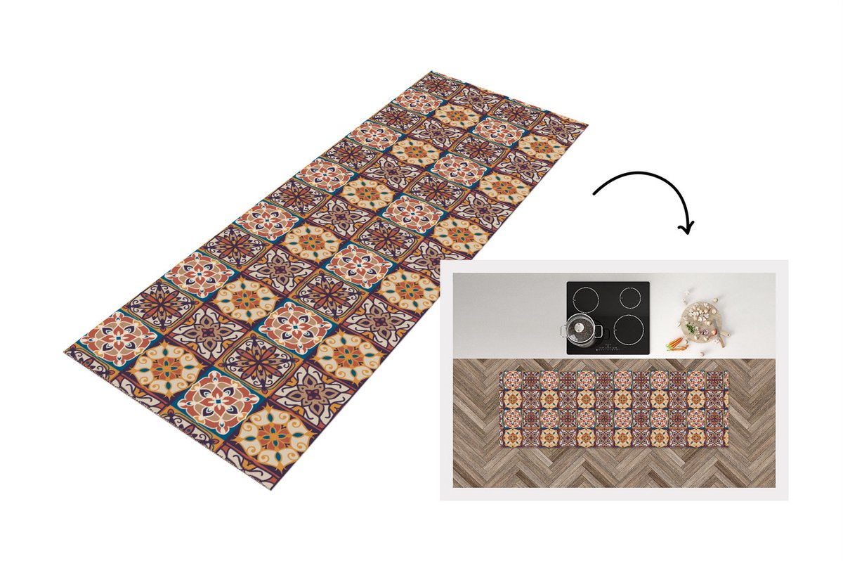 KitchenYeah Keukenloper - Loper keuken - Vector - Tegel - Abstract - Patroon - 150x50 cm - Keukenloper vinyl Multicolor