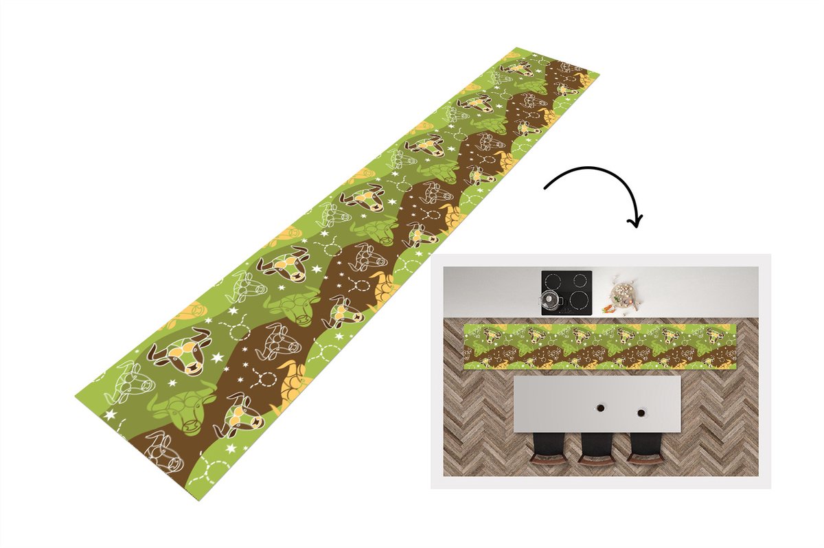KitchenYeah Keukenloper - Loper keuken - Stier - Zodiac - Groen - Patroon - 300x50 cm - Keukenloper vinyl Multicolor