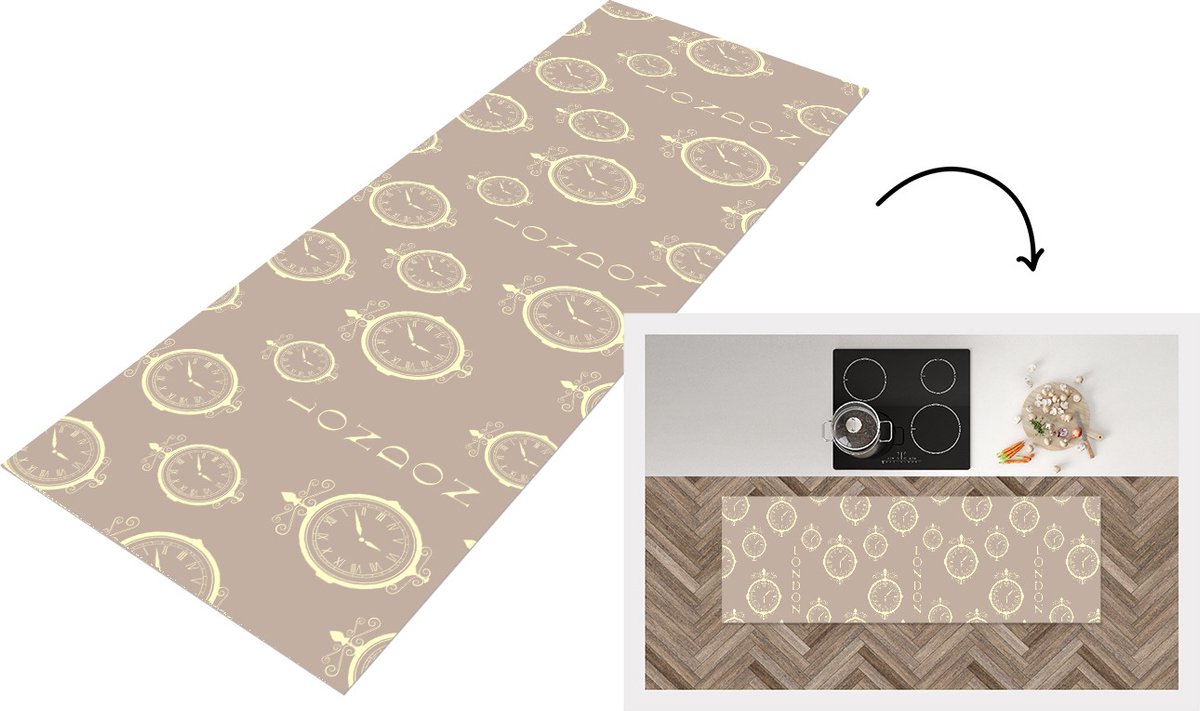KitchenYeah Keukenloper - Loper keuken - Londen - Klok - Patroon - Vintage - 180x60 cm - Keukenloper vinyl Multicolor