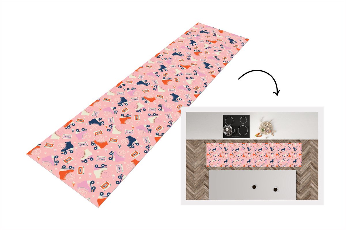 KitchenYeah Keukenloper - Loper keuken - Retro - Skeelers - Patronen - Cassette - 200x50 cm - Keukenloper vinyl Multicolor