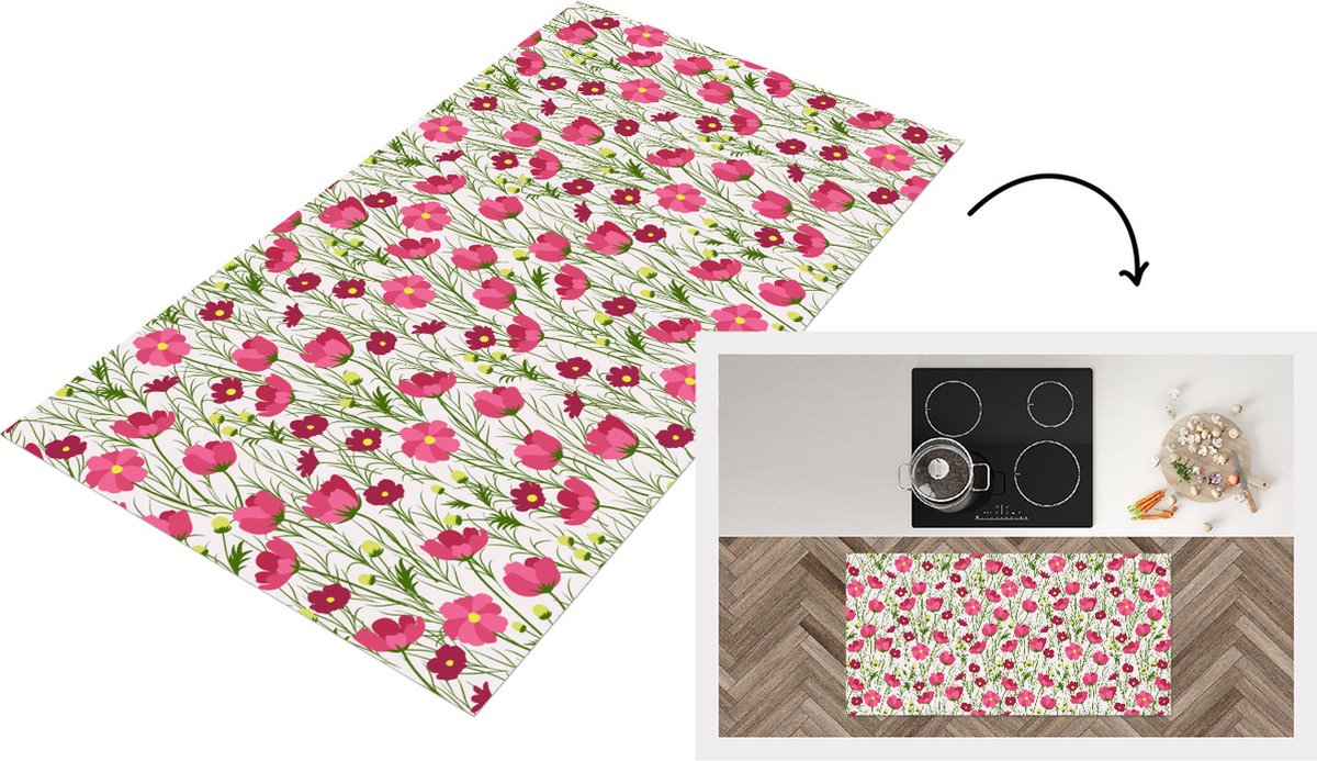 KitchenYeah Keukenloper - Loper keuken - Bloemen - Patronen - Gras - Klaproos - 120x60 cm - Keukenloper vinyl Multicolor