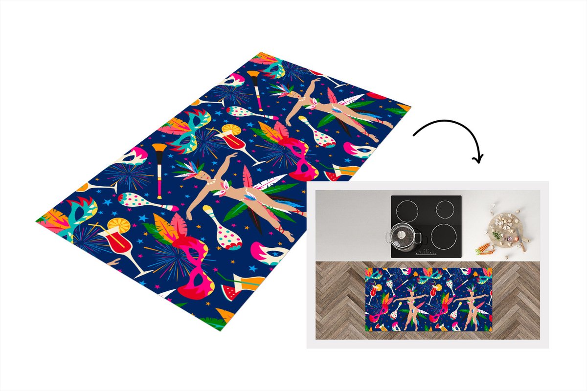 KitchenYeah Keukenloper - Loper keuken - Carnaval - Brazilië - Patronen - 120x60 cm - Keukenloper vinyl Multicolor