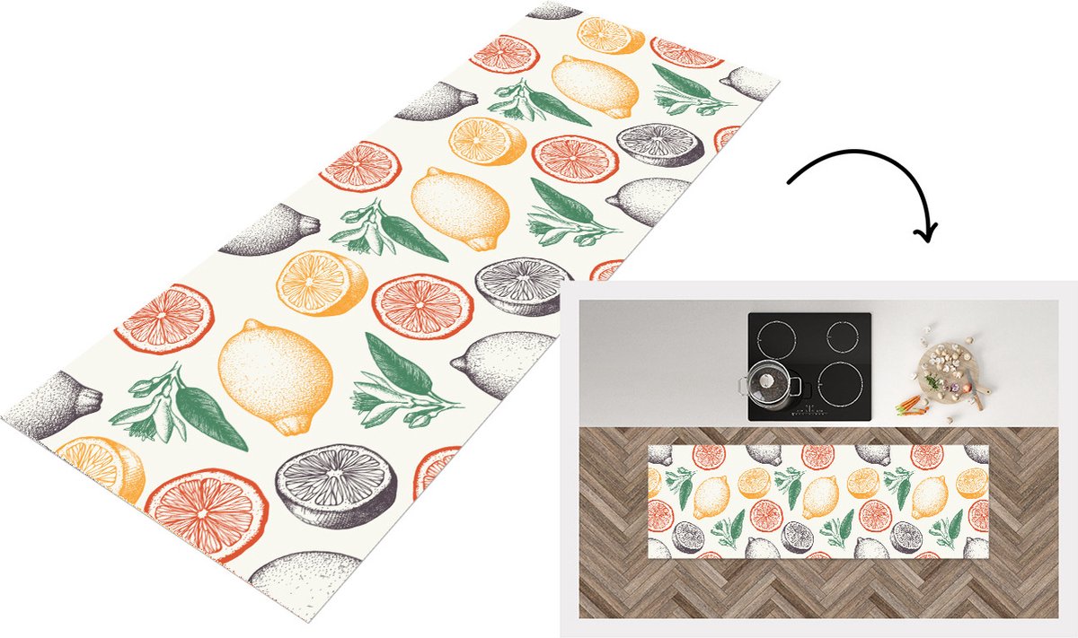 KitchenYeah Keukenloper - Loper keuken - Fruit - Vintage - Keuken - Patronen - 150x50 cm - Keukenloper vinyl Multicolor