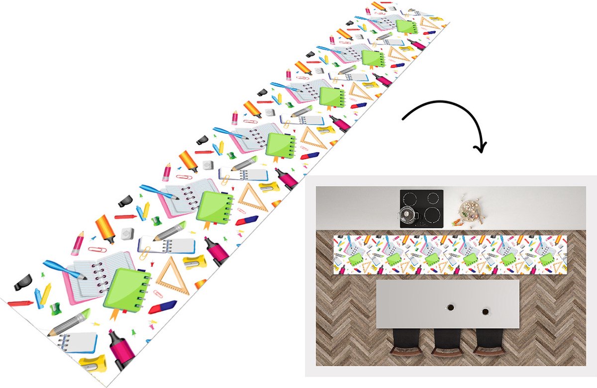 KitchenYeah Keukenloper - Loper keuken - Patroon - School - Potlood - 300x50 cm - Keukenloper vinyl Multicolor
