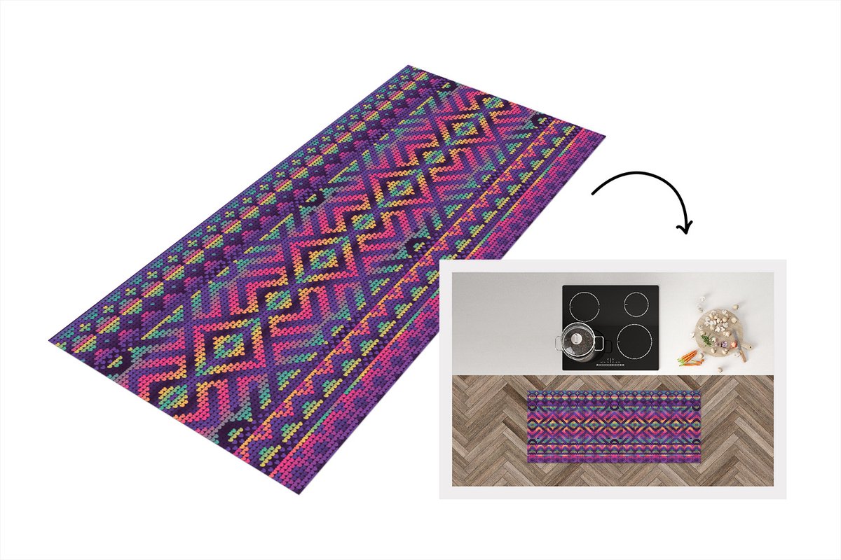 KitchenYeah Keukenloper - Loper keuken - Breien - Patronen - Regenboog - 120x50 cm - Keukenloper vinyl Multicolor