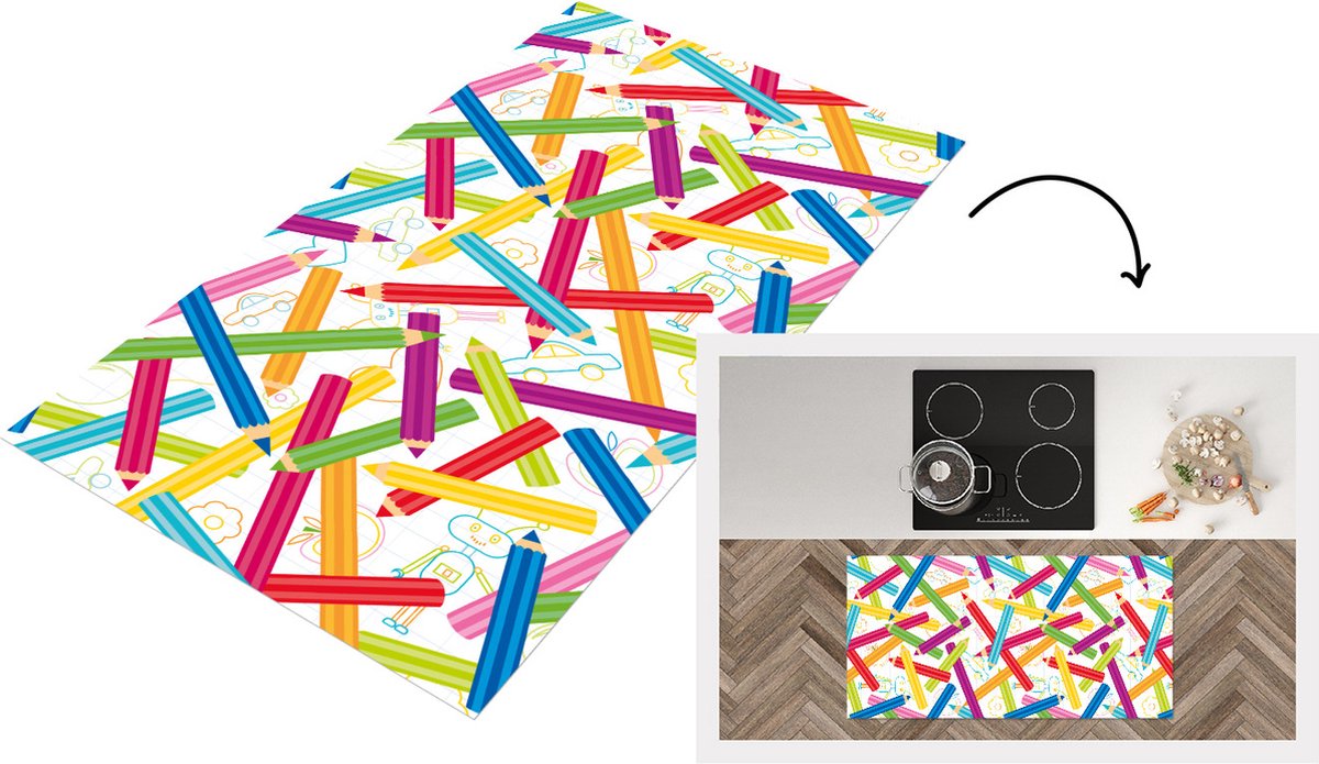 KitchenYeah Keukenloper - Loper keuken - Potlood - Patronen - Regenboog - 120x60 cm - Keukenloper vinyl Multicolor
