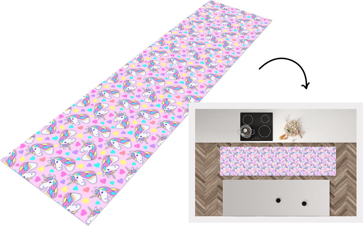 KitchenYeah Keukenloper - Loper keuken - Eenhoorn - Regenboog - Patronen - 240x60 cm - Keukenloper vinyl Multicolor