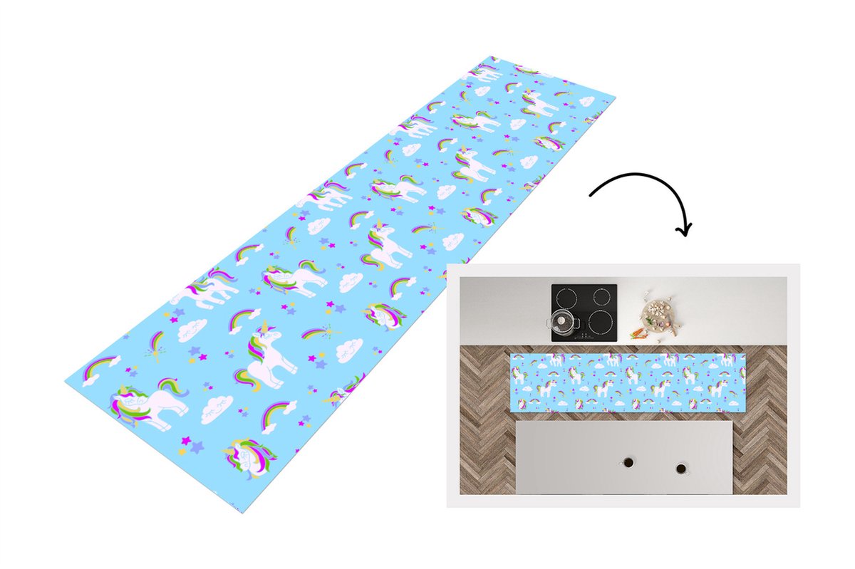 KitchenYeah Keukenloper - Loper keuken - Unicorn - Regenboog - Patronen - Kind - 200x50 cm - Keukenloper vinyl Multicolor