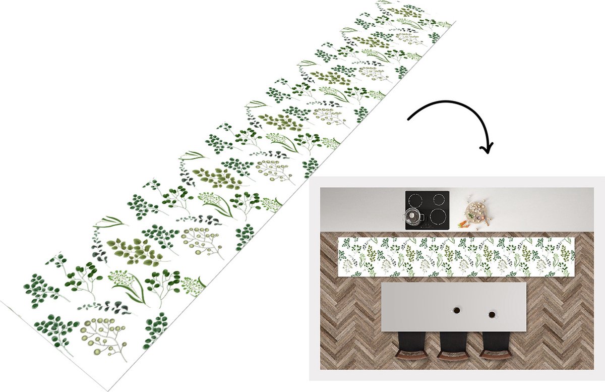 KitchenYeah Keukenloper - Loper keuken - Kruiden - Eucalyptus - Design - 300x50 cm - Keukenloper vinyl Multicolor