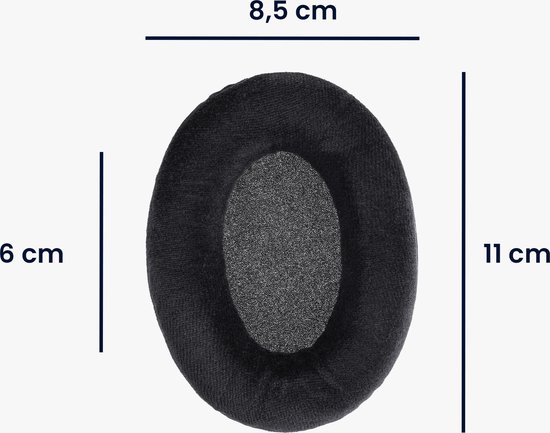 Een zwart fluwelen oorkussen met afmetingen van 11 cm x 8,5 cm, met een binnendiameter van 6 cm.