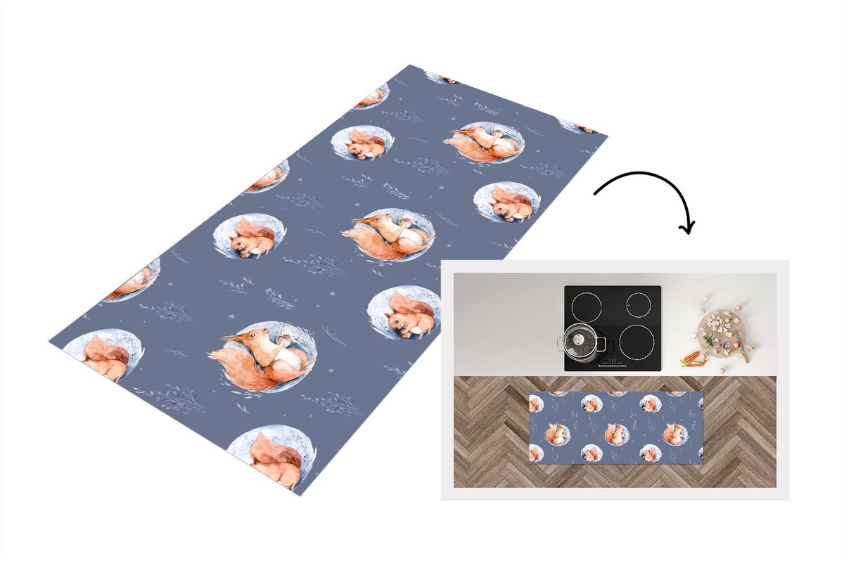 KitchenYeah Keukenloper - Loper keuken - Winter - Eekhoorn - Bubbel - 120x50 cm - Keukenloper vinyl Multicolor