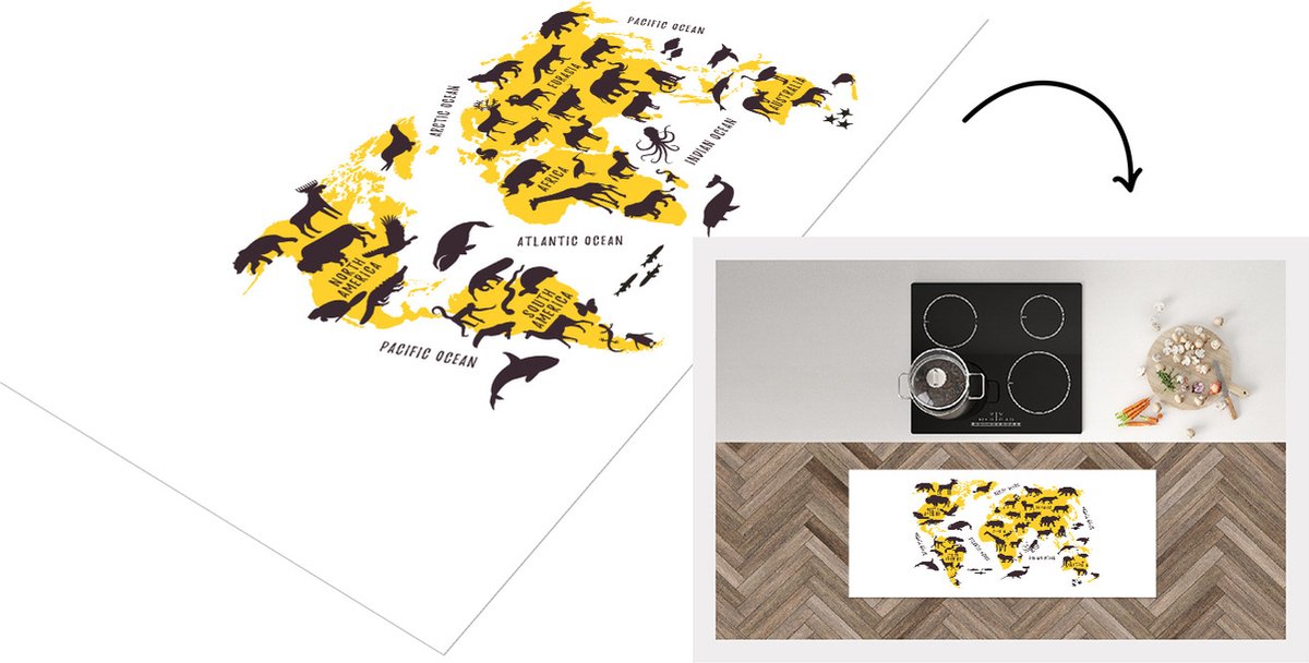 KitchenYeah Keukenloper - Loper keuken - Wereldkaart - Geel - Dieren - 120x50 cm - Keukenloper vinyl Multicolor