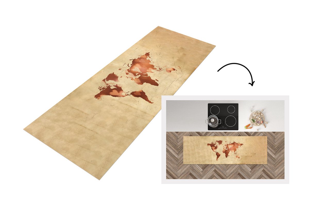 KitchenYeah Keukenloper - Loper keuken - Wereldkaart - Bruin - Harten - 150x50 cm - Keukenloper vinyl Multicolor