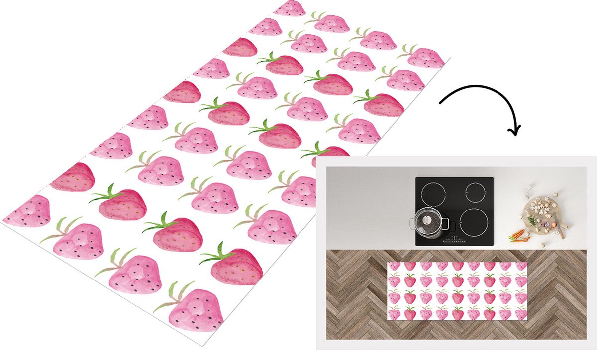 KitchenYeah Keukenloper - Loper keuken - Aardbei - Waterverf - Patroon - 120x50 cm - Keukenloper vinyl Multicolor