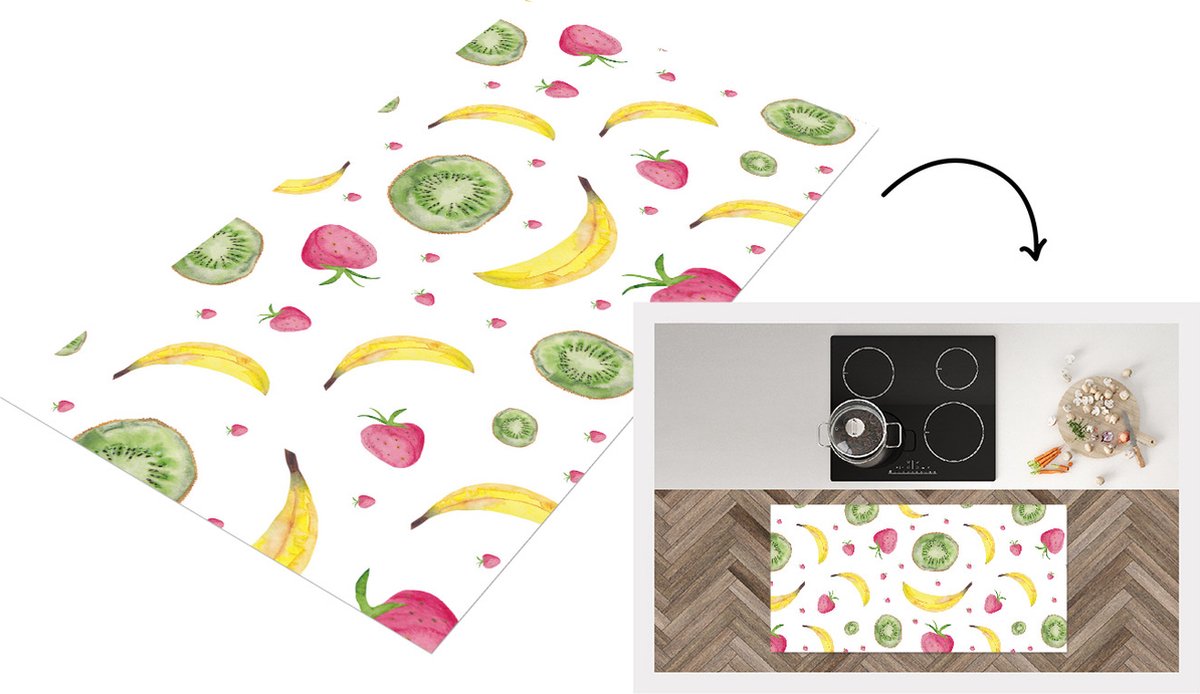 KitchenYeah Keukenloper - Loper keuken - Fruit - Aquarelverf - Wit - 120x60 cm - Keukenloper vinyl Multicolor