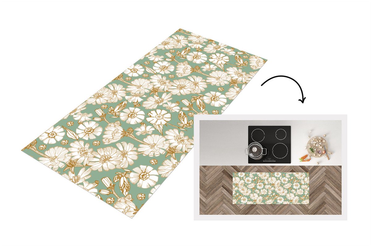KitchenYeah Keukenloper - Loper keuken - Bloem - Art nouveau - Design - 120x50 cm - Keukenloper vinyl Multicolor