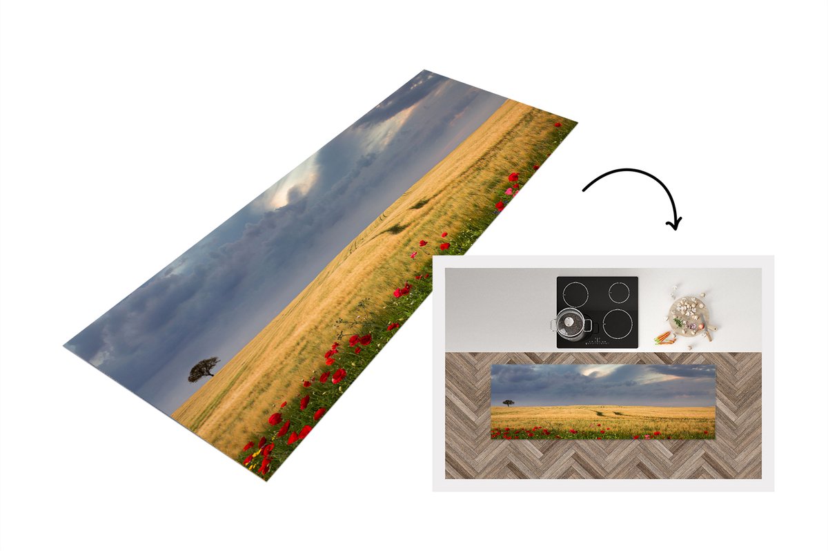 KitchenYeah Keukenloper - Loper keuken - Bloemen - Tarwe - Wolken - 150x50 cm - Keukenloper vinyl Multicolor