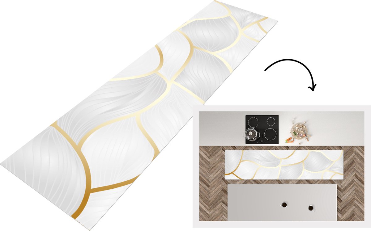 KitchenYeah Keukenloper - Loper keuken - Abstract patroon met gouden lijnen - 200x50 cm - Keukenloper vinyl Multicolor