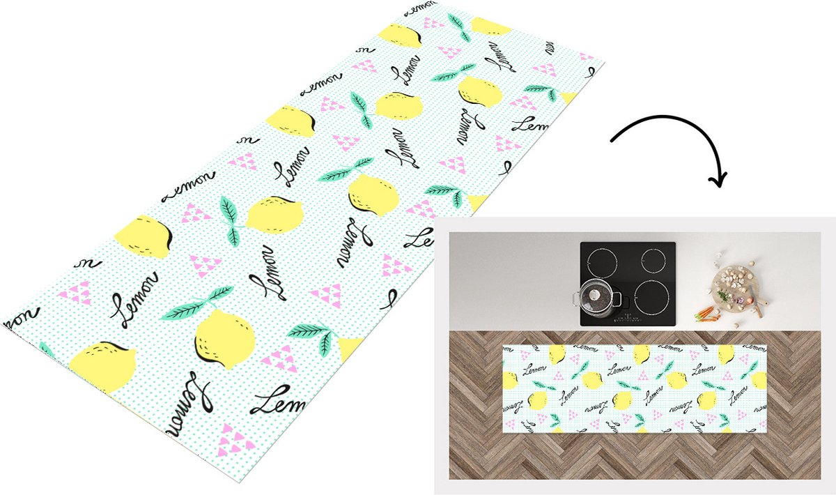 Keukenloper - Loper keuken - Hipster - Citroen - Pastel - Patronen - 150x50 cm - Keukenloper vinyl