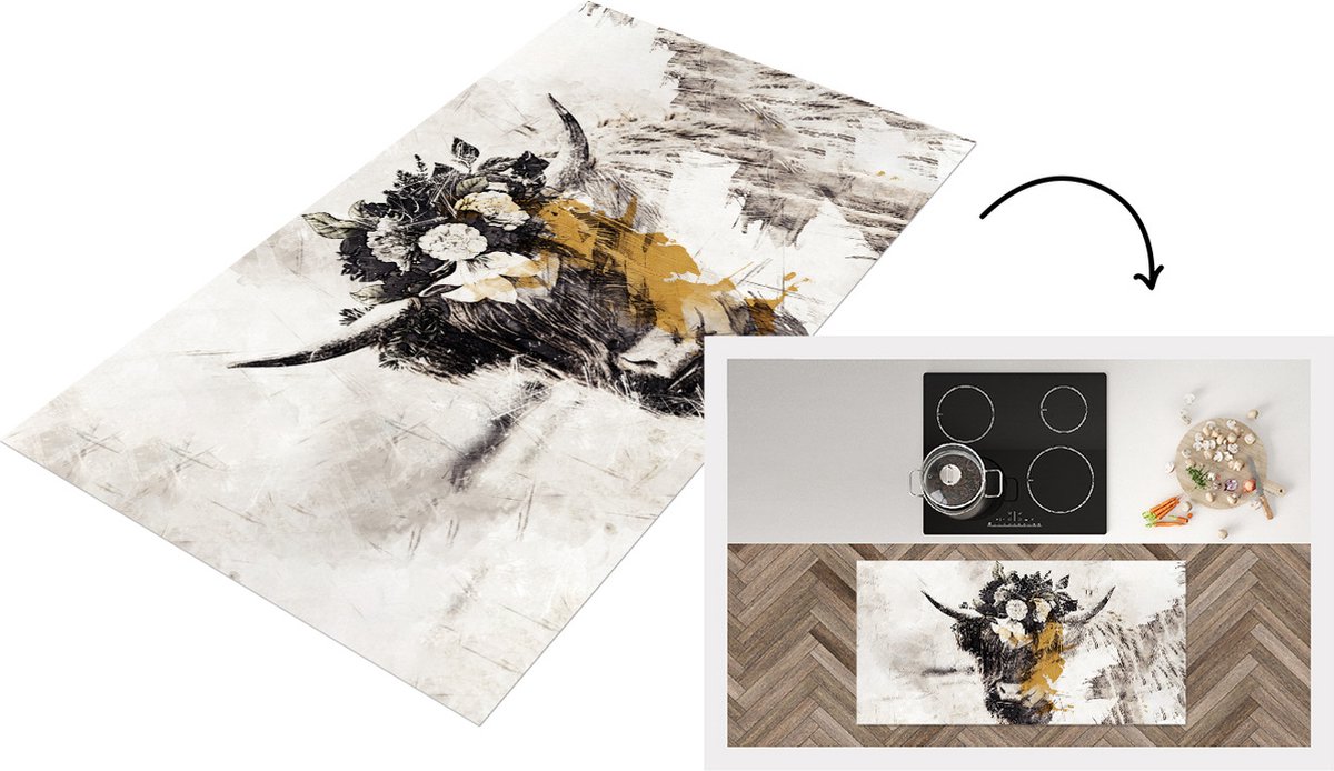 KitchenYeah Keukenloper - Loper keuken - Schotse hooglander - Bloemen - Goud - 120x60 cm - Keukenloper vinyl Multicolor