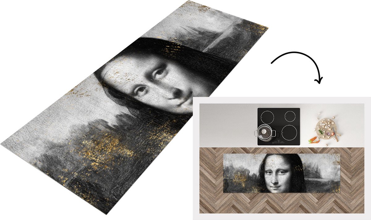 KitchenYeah Keukenloper - Loper keuken - Mona Lisa - Leonardo da Vinci - Zwart - Wit - 150x50 cm - Keukenloper vinyl Multicolor