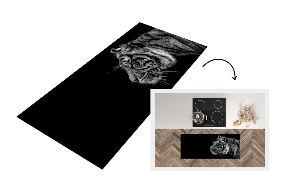 KitchenYeah Keukenloper - Loper keuken - Tijger op zwarte achtergrond in zwart-wit - 120x50 cm - Keukenloper vinyl Zwart; Wit