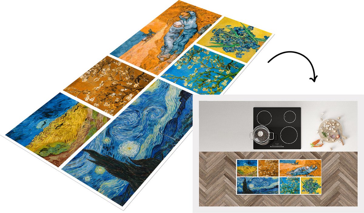 KitchenYeah Keukenloper - Loper keuken - Van Gogh - Collage - Sterrennacht - 120x50 cm - Keukenloper vinyl Multicolor