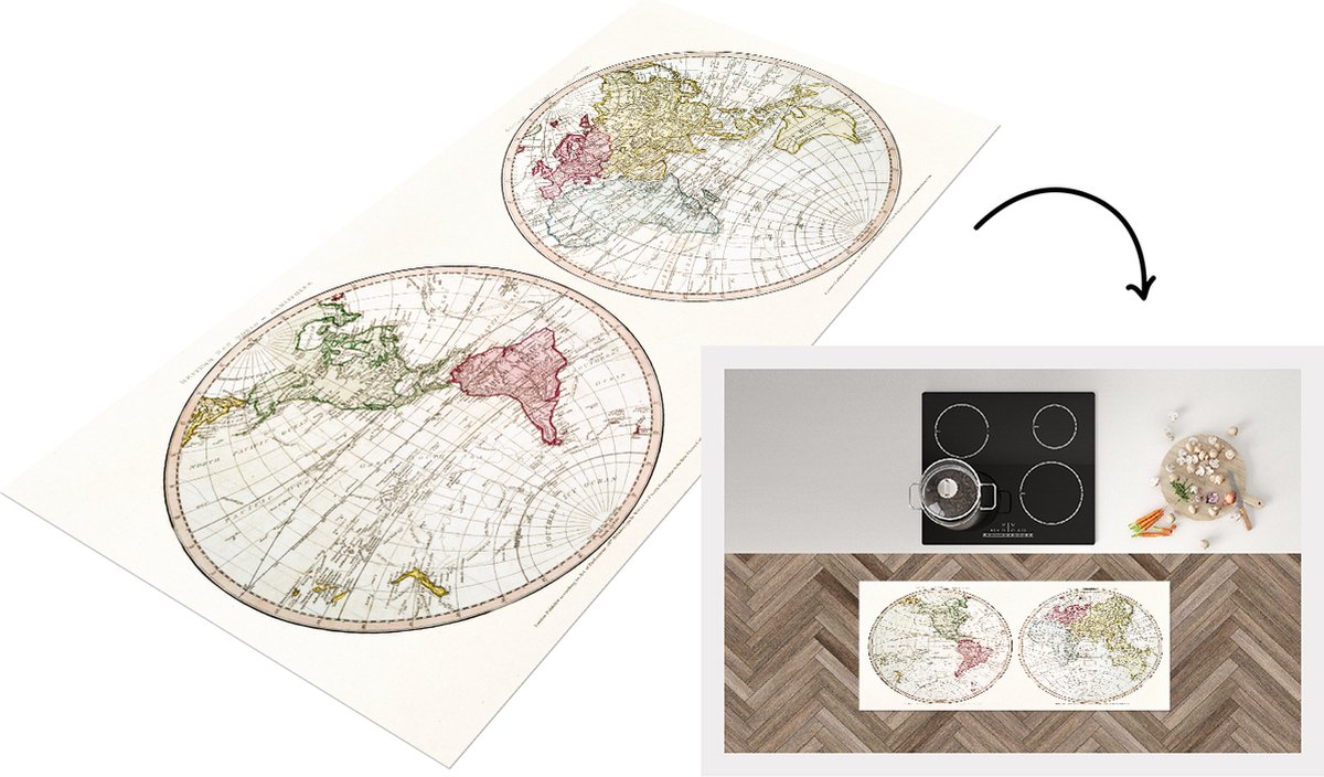 KitchenYeah Keukenloper - Loper keuken - Wereldkaart - Vintage - Kaart - 120x50 cm - Keukenloper vinyl Multicolor