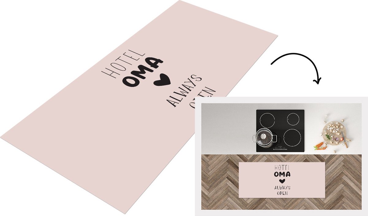 KitchenYeah Keukenloper - Loper keuken - Spreuken - Quotes Hotel Oma Always Open - Moederdag - Oma cadeau - Grootmoeder - Roze - 120x50 cm - Keukenloper vinyl Multicolor