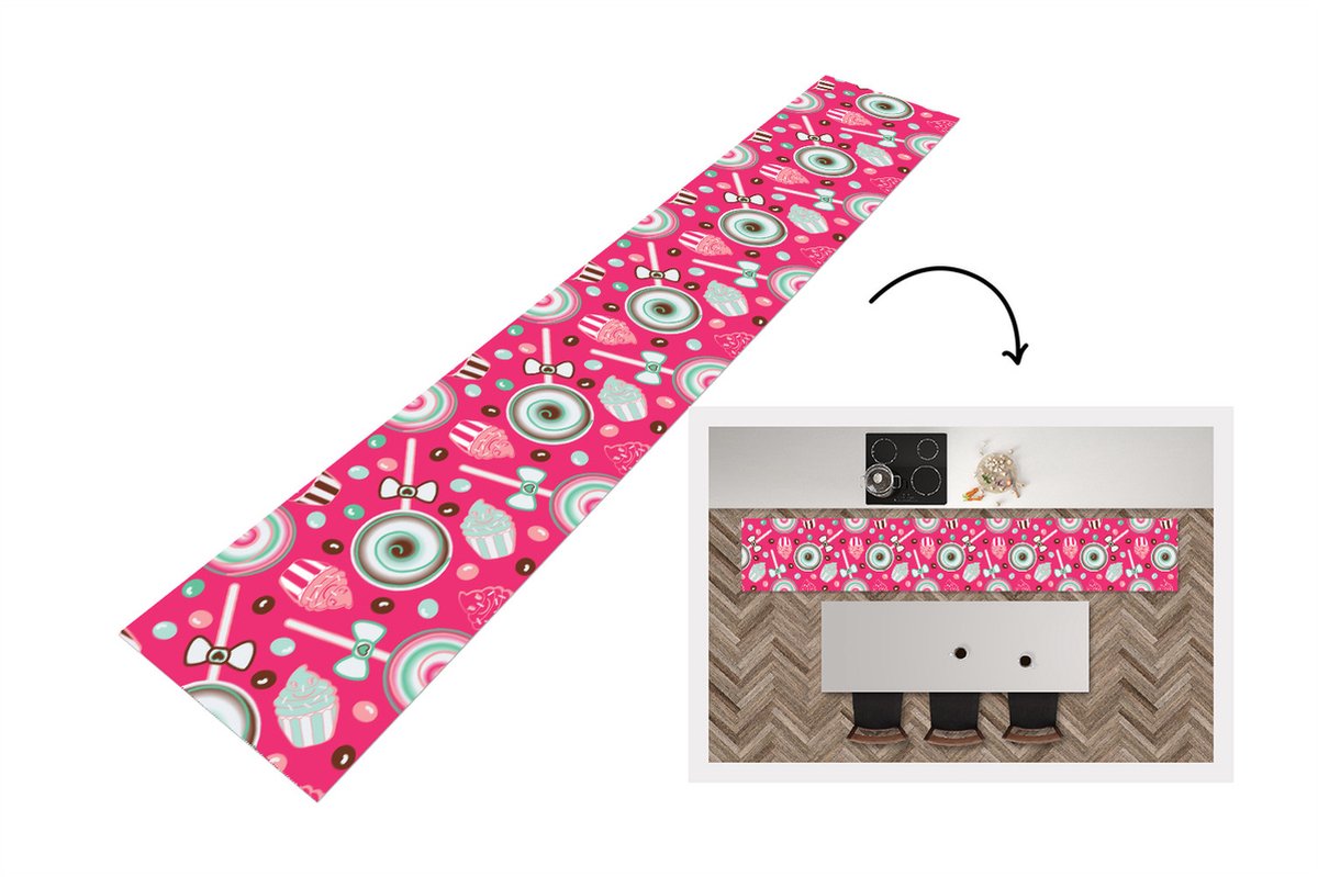KitchenYeah Keukenloper - Loper keuken - Design - Snoep - Candy - Roze - 300x50 cm - Keukenloper vinyl Multicolor