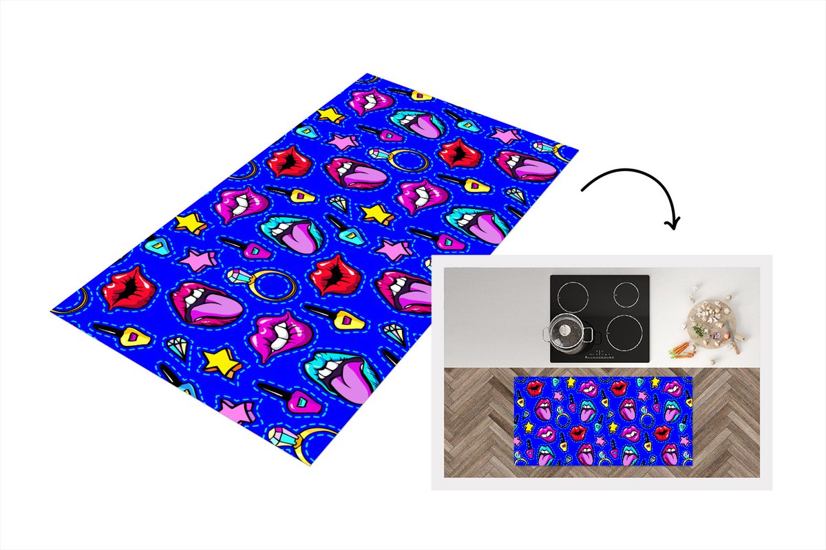KitchenYeah Keukenloper - Loper keuken - Patroon - Popart - Neon - Blauw - Keukenloper vinyl, foto 2