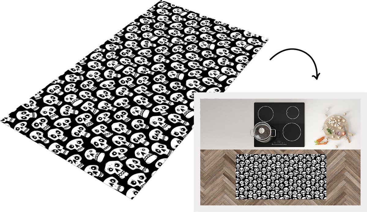 KitchenYeah Keukenloper - Loper keuken - Patronen - Skull - Zwart Wit - 120x60 cm - Keukenloper vinyl Zwart; Wit