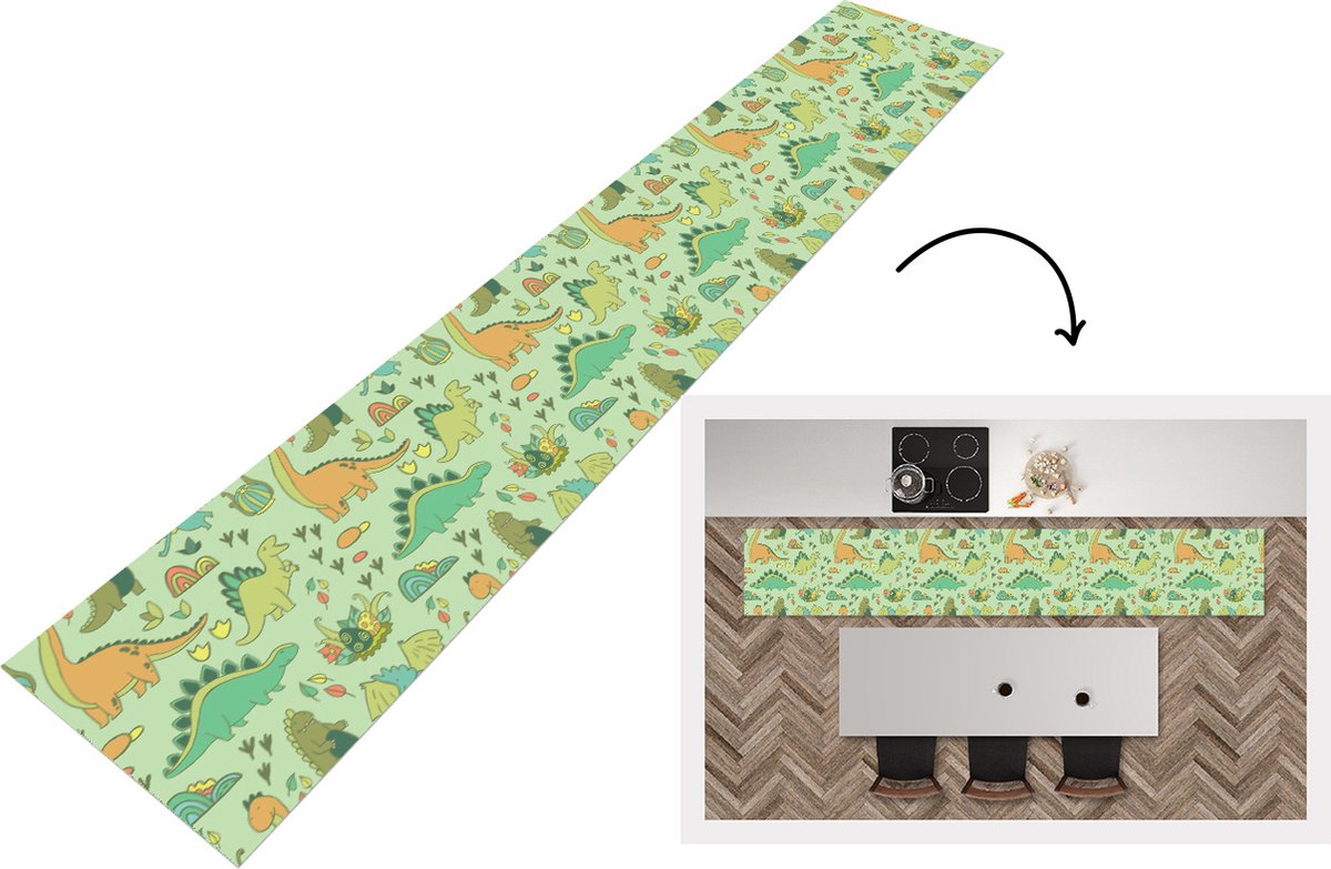 KitchenYeah Keukenloper - Loper keuken - Patronen - Dino - Groen - 300x50 cm - Keukenloper vinyl Multicolor