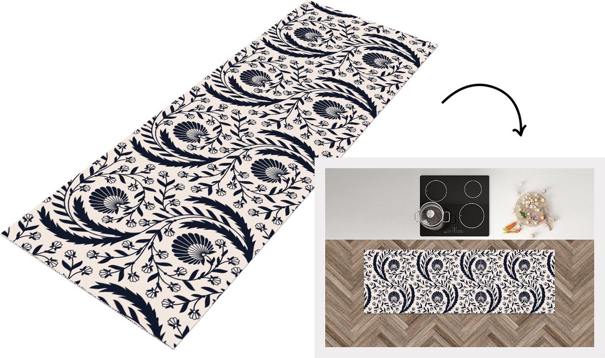 Keukenloper - Loper keuken - Patroon - Bloem - Zwart - 150x50 cm - Keukenloper vinyl