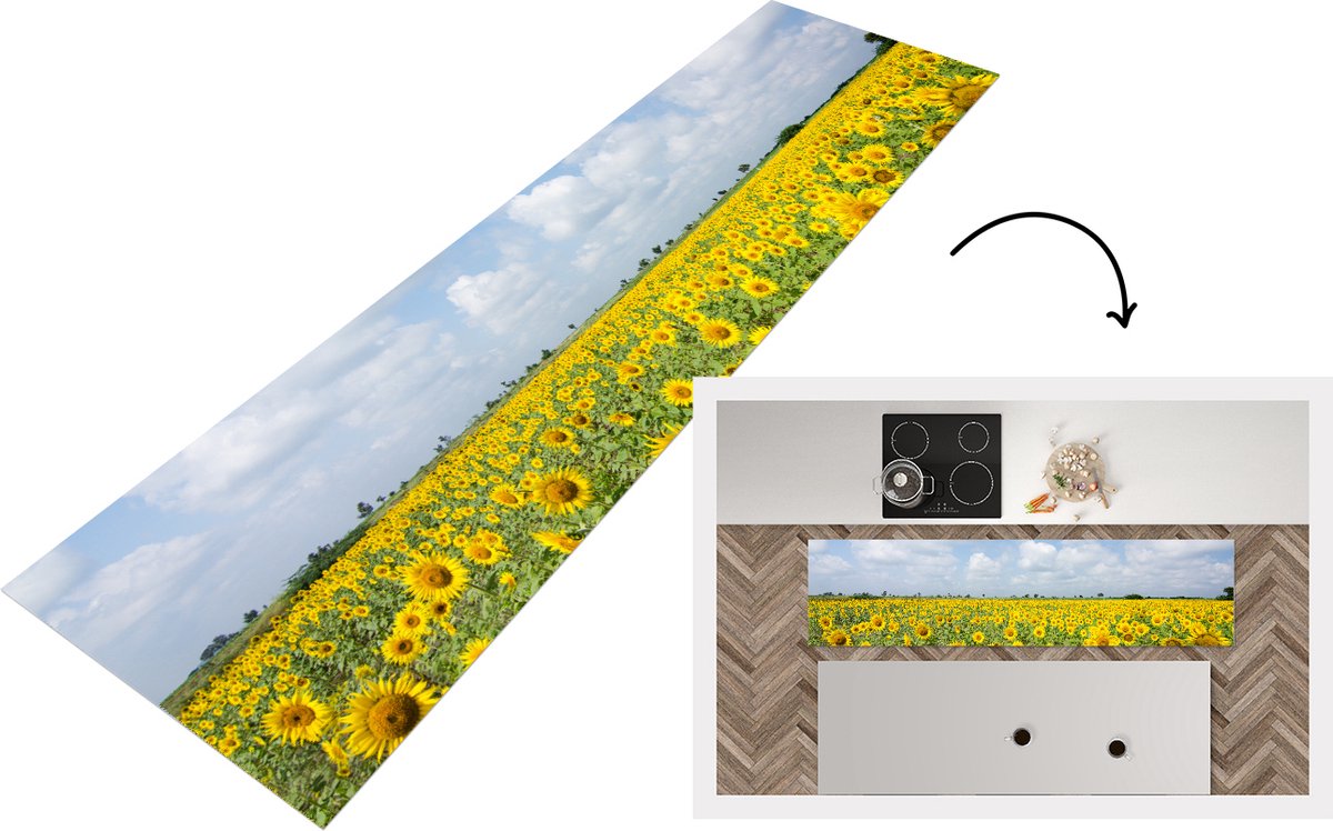 KitchenYeah Keukenloper - Loper keuken - Zonnebloemen - Wolken - Natuur - 200x50 cm - Keukenloper vinyl Multicolor