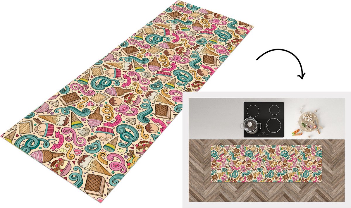 KitchenYeah Keukenloper - Loper keuken - Patroon - Wafel - IJs - 180x60 cm - Keukenloper vinyl Multicolor