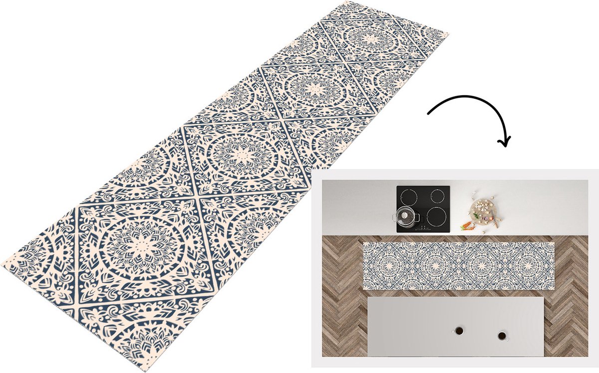 KitchenYeah Keukenloper - Loper keuken - Design - Ornament - Vintage - Retro - 200x50 cm - Keukenloper vinyl Multicolor
