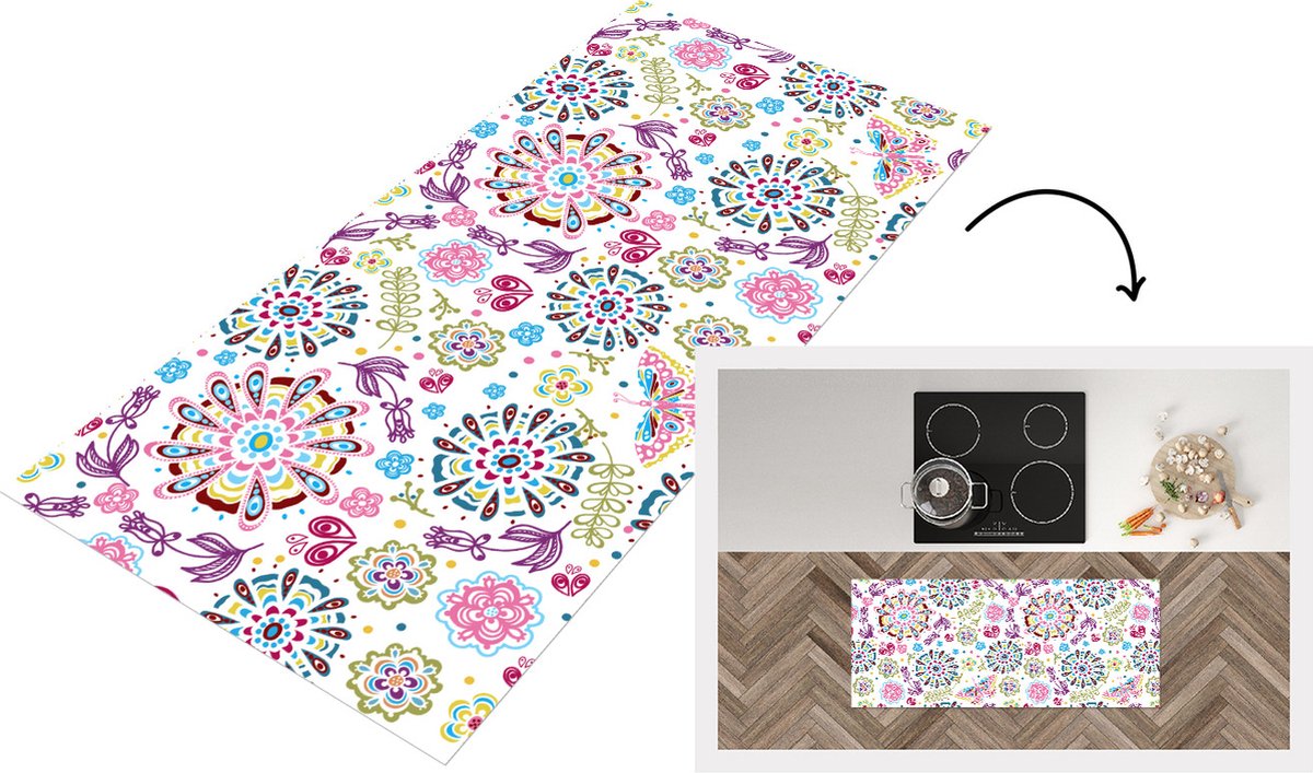 KitchenYeah Keukenloper - Loper keuken - Regenboog - Bloemen - Vlinder - Design - 120x50 cm - Keukenloper vinyl Multicolor
