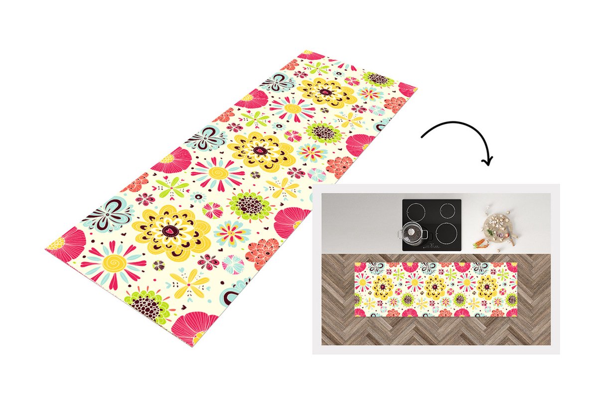 KitchenYeah Keukenloper - Loper keuken - Hart - Bloemen - Patronen - 150x50 cm - Keukenloper vinyl Multicolor