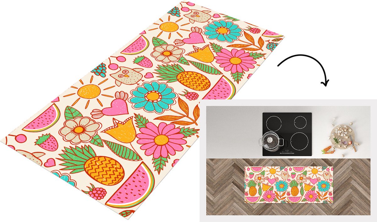 KitchenYeah Keukenloper - Loper keuken - Uil - Regenboog - Bloemen - Kinderen - Patroon - 120x50 cm - Keukenloper vinyl Multicolor