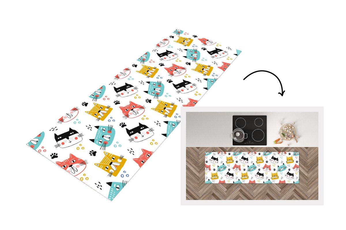 KitchenYeah Keukenloper - Loper keuken - Jongens - Patronen - Katten - 150x50 cm - Keukenloper vinyl Multicolor